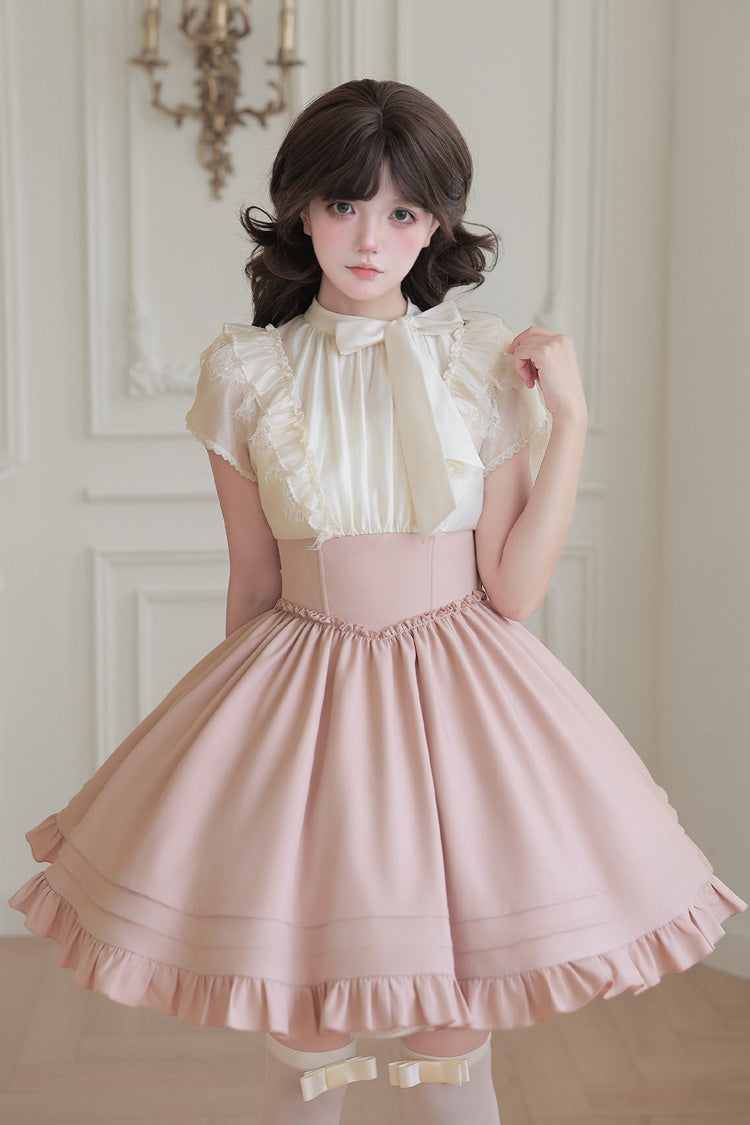 Blush & White Round Collar Short-Sleeve Ruffled Bow Lace Color-Blocked Boned Sweet Lolita Dress