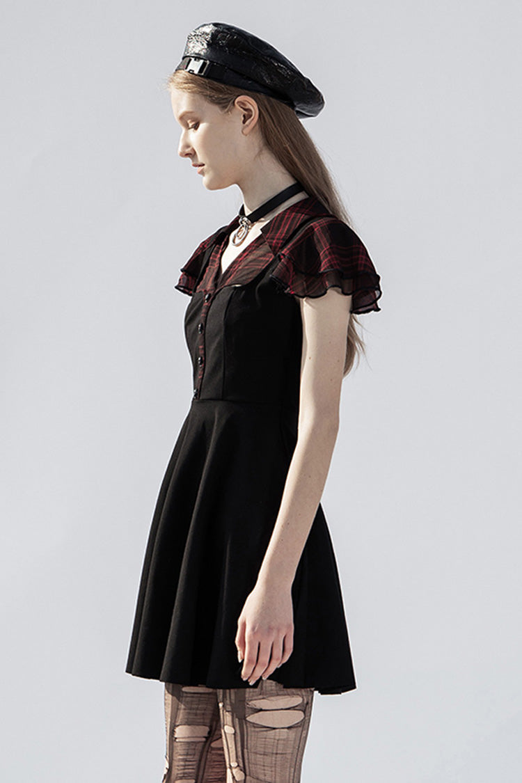 V-Neck Ruffled Short-Sleeved Check Chiffon Waisted Skull Stud Punk Dress - Black/Red