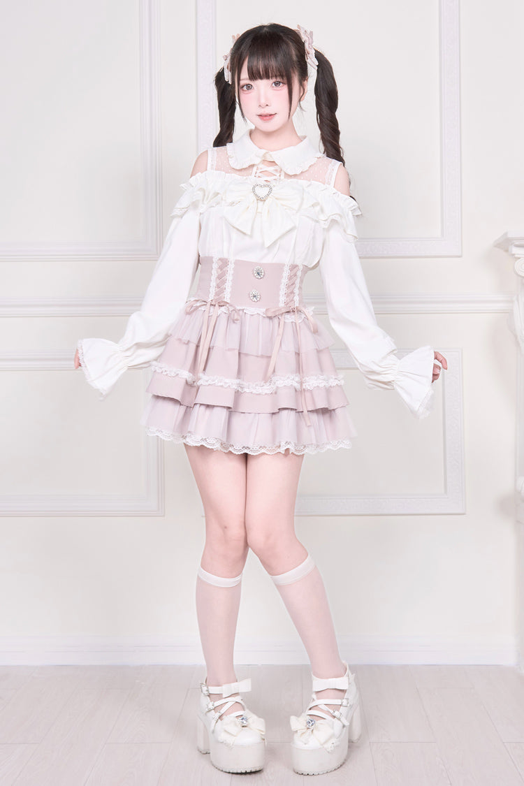 Off Shoulder Bowknot Lace-Up Print Long Sleeve Jirai Blouse in Three Colors