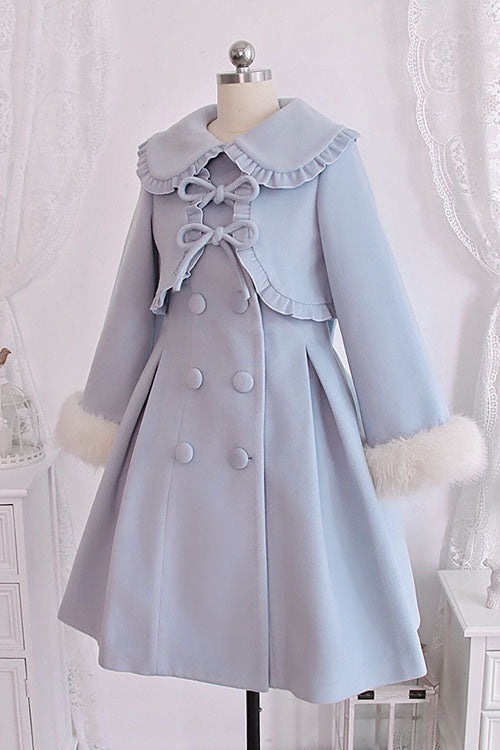 Azure Woolen Coat with Bow - Double Breasted Lolita
