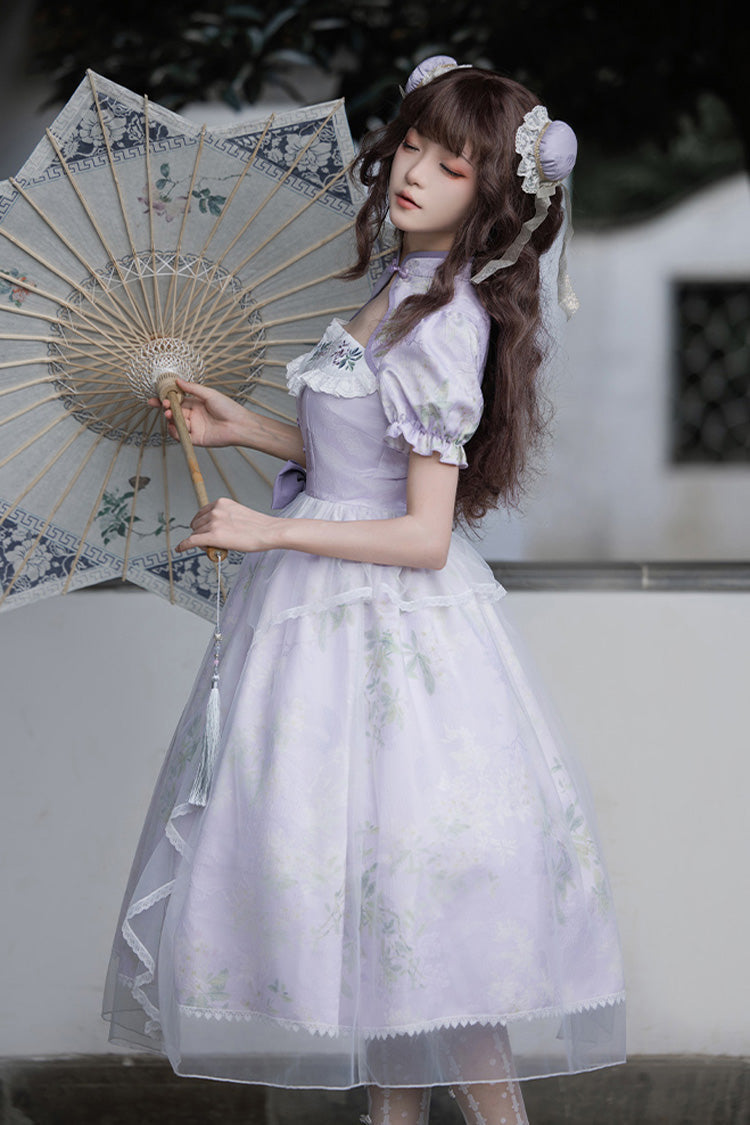 Wisteria Short-Sleeve Hollow-Embroidered Cheongsam Lolita Dress
