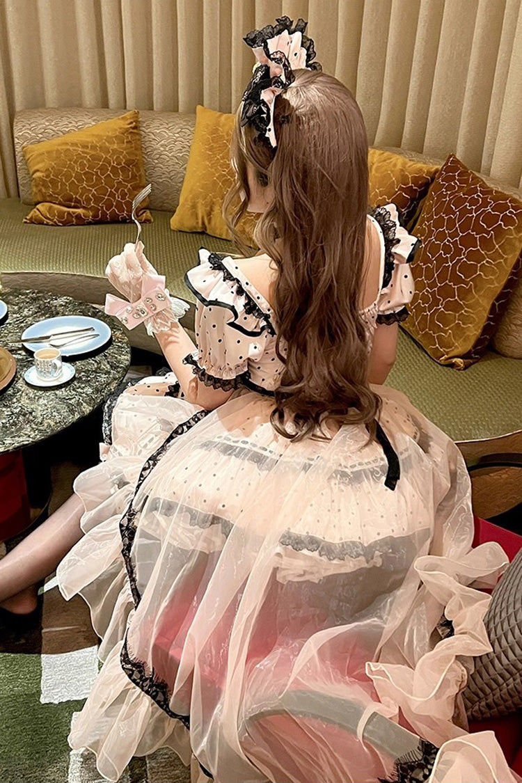 Pink Halterneck Short Sleeve Print Ruffle Bow Maid Dress