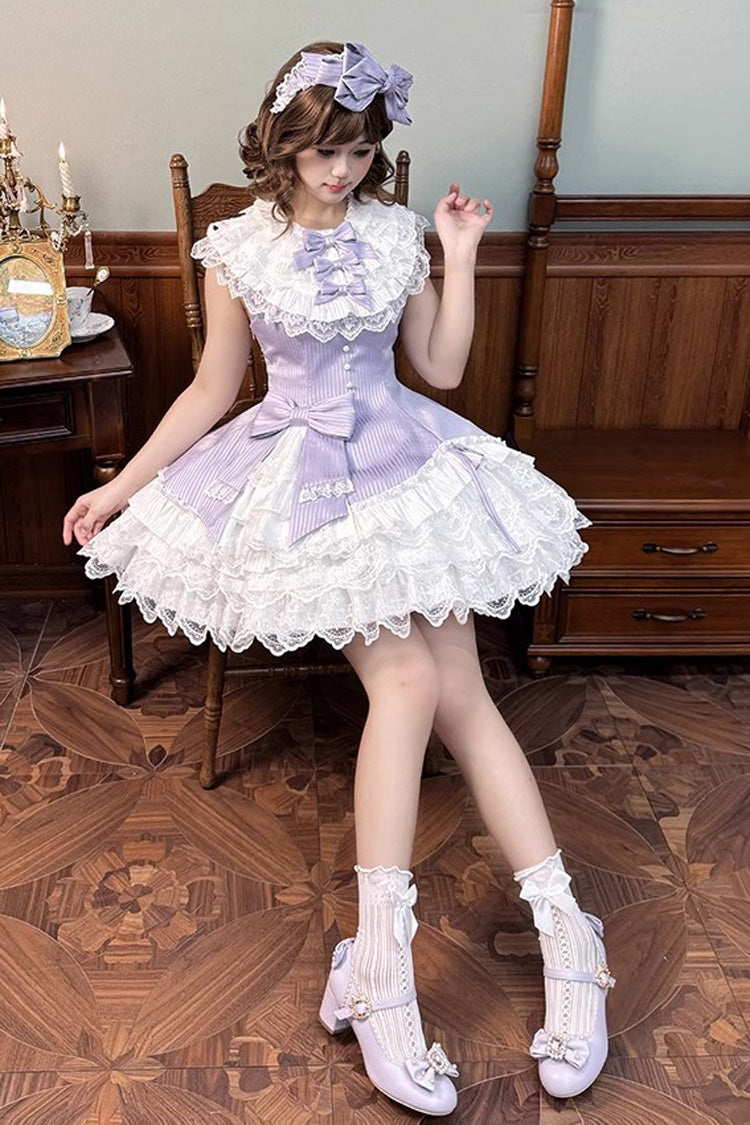 Violet Miss Tsundere Sleeveless Asymmetric Ruffled Bow Lace Princess Dress