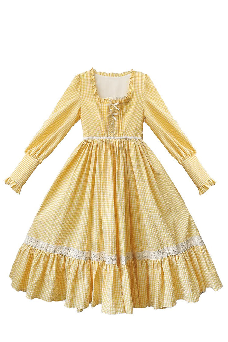 Yellow Long Sleeve Print Dress with Lace-Up and Ruffles