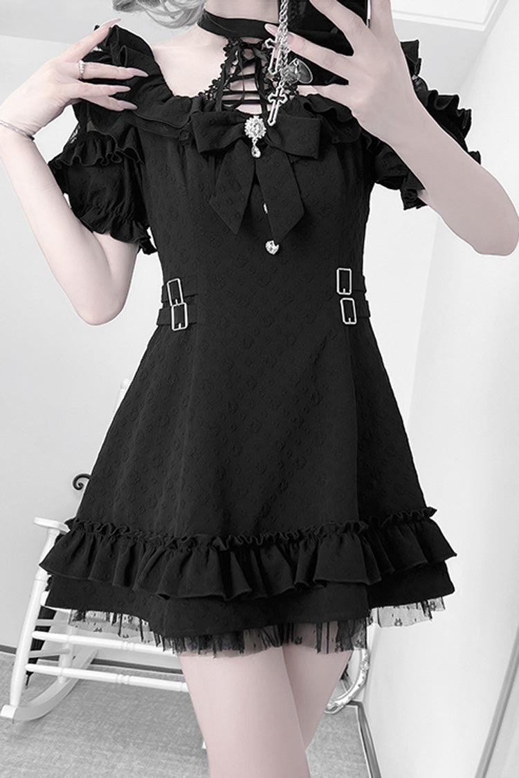 Black/White Halterneck Short Sleeve Ruffle Bowknot Lace Jirai Kei Japanese Gown 2 Colors