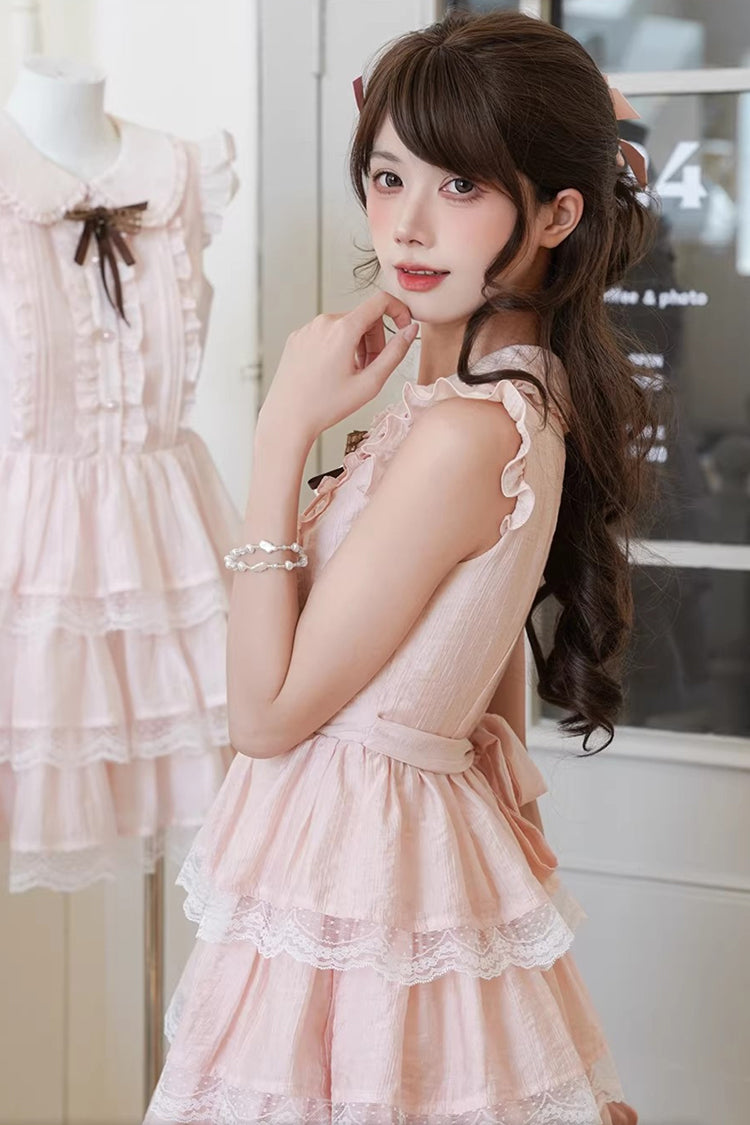 Pink Triple-Ruffle Lace Dress with Bow Accent