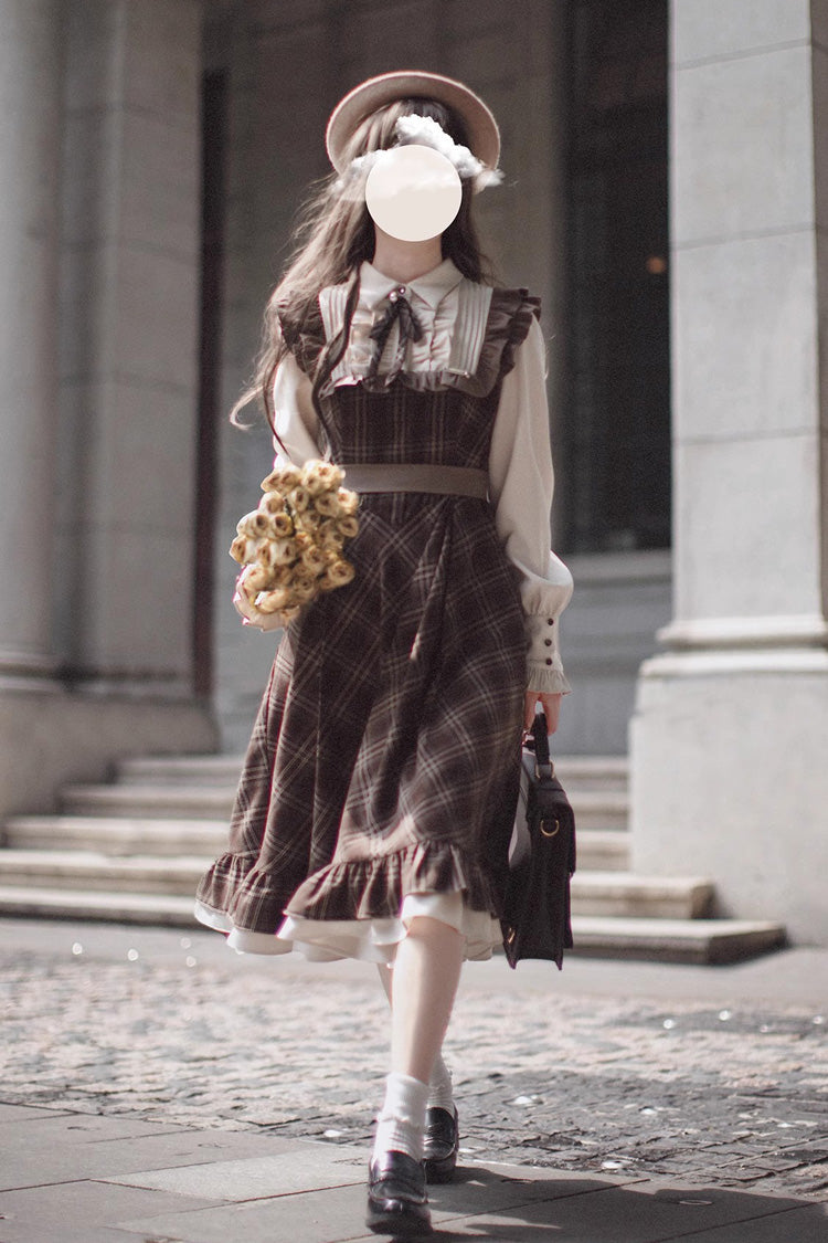 Brown Print Long Sleeve Fake Two Piece Vintage College Dress - The Thames at Dusk