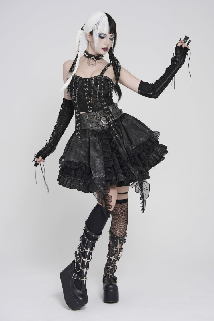 Gothic Skirt with Buckles, Pleats, and Eyelets, Black