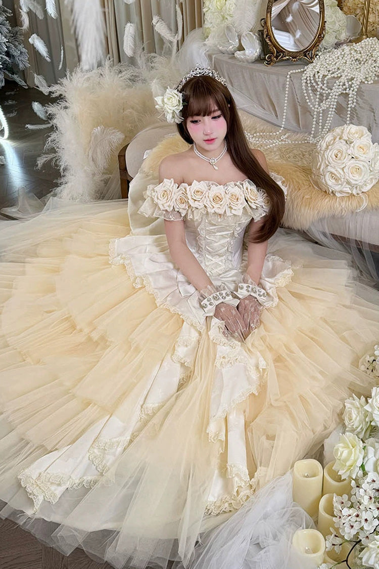 Apricot Sweet Lolita JSK Long Dress with Ruffled Hanayome Bow Lace-Up and Sleeveless Design