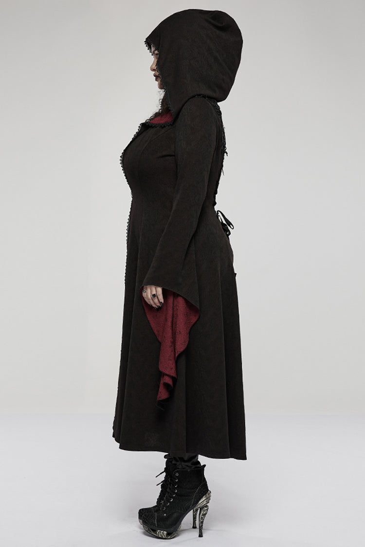 Crimson & Noir Knitted Witch Rose Patterned Gothic Overcoat with Oversized Hood