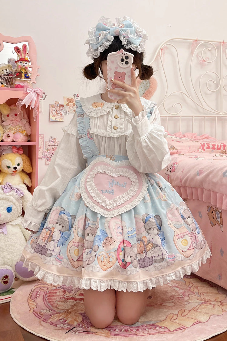 Azure Baked Bear Print Ruffled Sweet Lolita Skirt