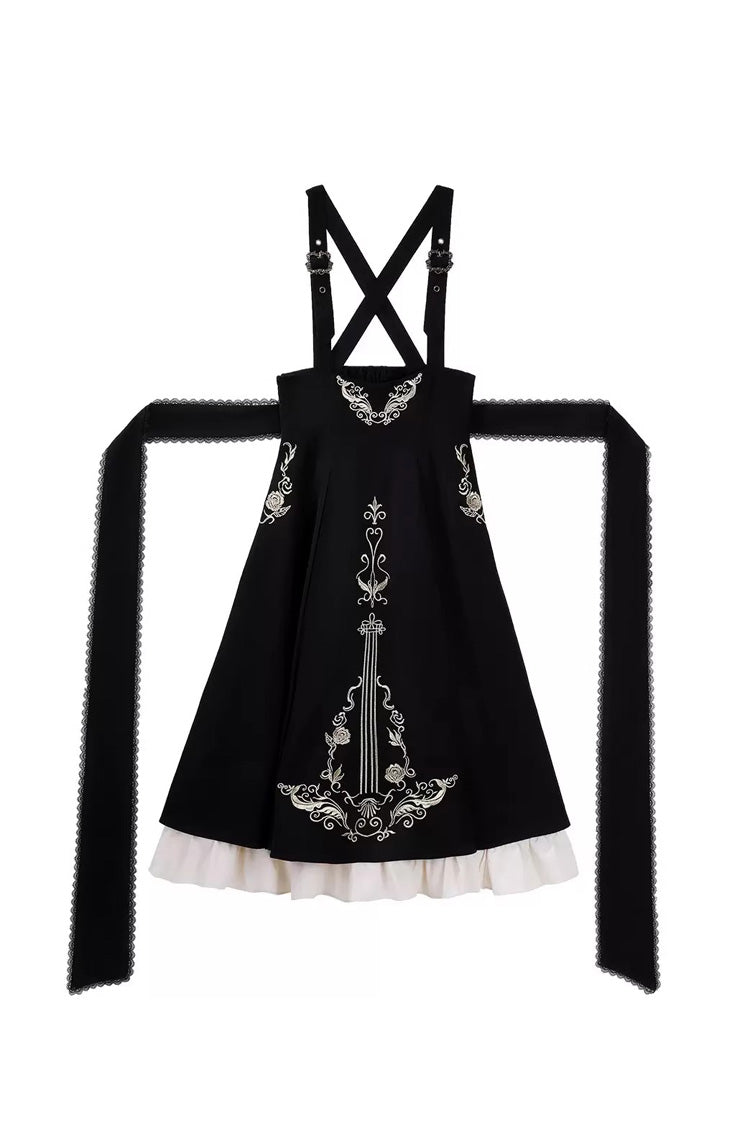 Black/White Violin Variations Ruffled Embroidered Gothic Lolita Jumper Gown Set