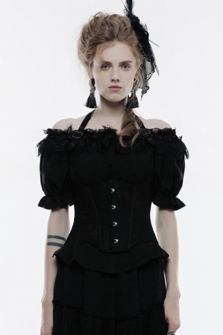 Supportive Black Jacquard Lace-Up Halter Gothic Breast Vest
