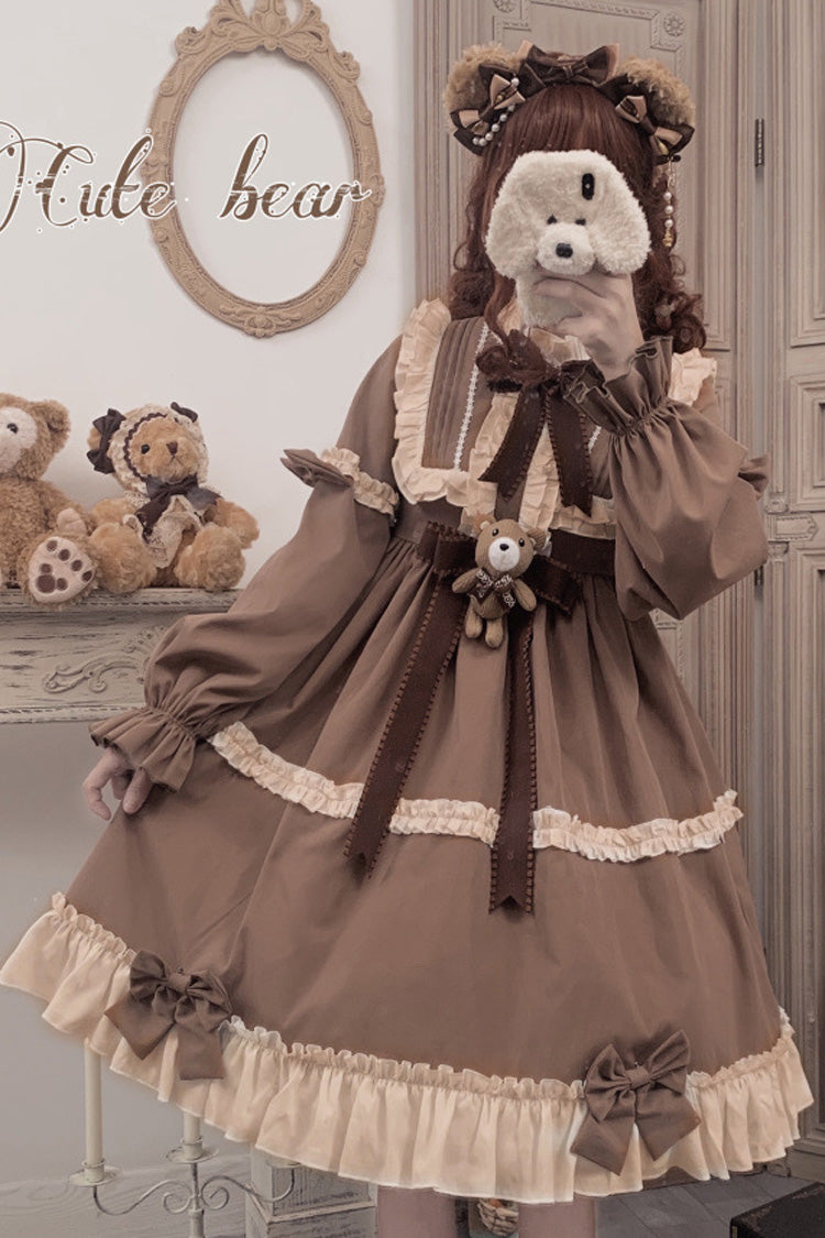 Brown Sweet Lolita OP Dress with Teddy Bear Print and Round Collar - Altfashion Shop
