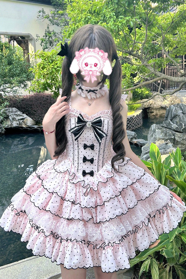 Pink Sleeveless Polka-Dot Multi-Layer Ruffle Bow Sweet Princess JSK Dress