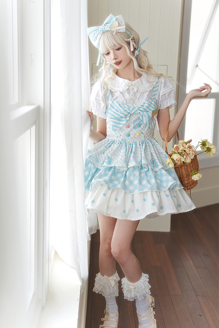 Sleeveless Triple-Layer Print Bow Sweet Lolita Jumper Dress - Blue
