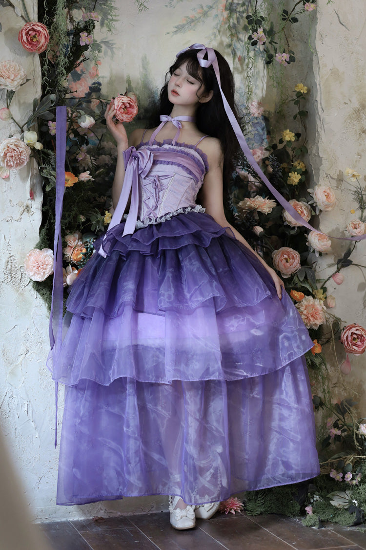 Violet Lily Valley Snow Sleeveless Triple Ruffled Bow Lace-Up Skirt Set