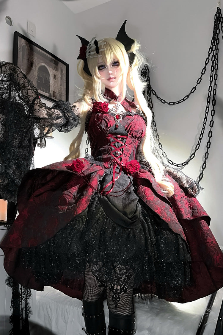 Red Ruffle Embroidery Cardigan Bow Lace Up Gothic Lolita Jsk Dress