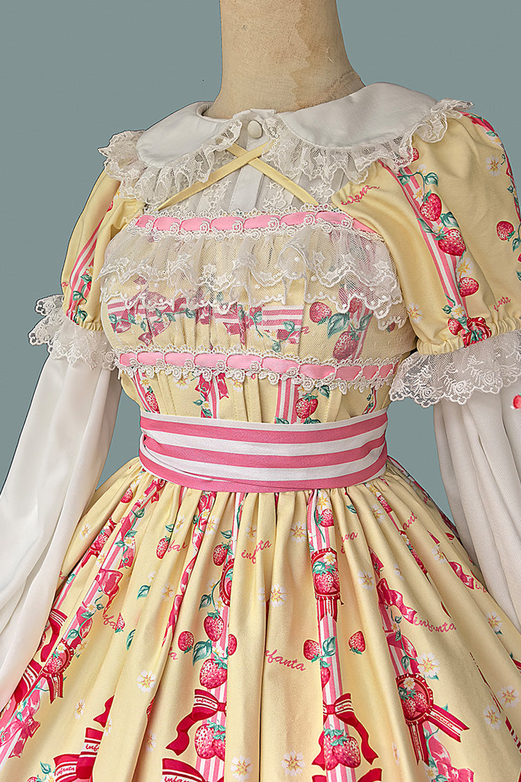 Printed Bowknot Lace Sweet Dress with Short Sleeves - Strawberry Chef