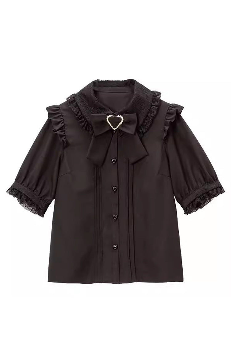 Japanese Lolita Blouse with Doll Collar, Short Sleeves, and Bow, 4 Colors