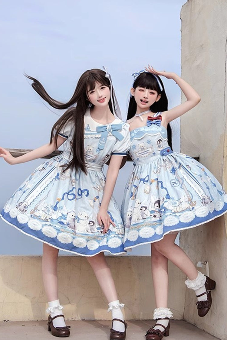 Penguin Navy Short Sleeve Print Ruffle Bow Princess Lolita Dress in Blue
