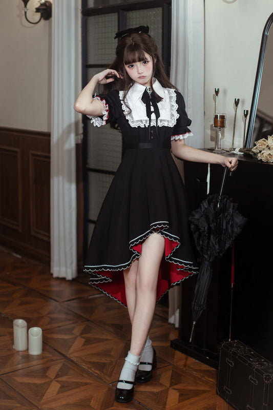 Rosalind Lapel Collar Short-Sleeve Bow Lace Gothic Maid Lolita Dress