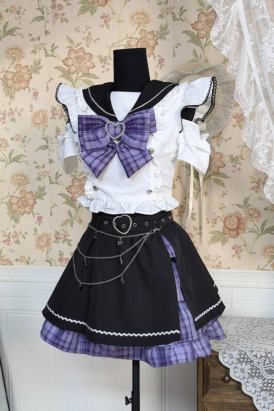 Black and White Bow-Trimmed Short-Sleeve Jirai Skirt Ensemble