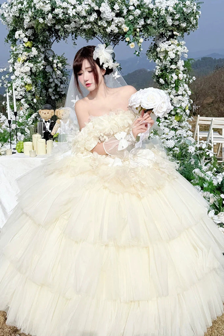 Apricot Sweet Lolita JSK Long Dress with Triple-Layer Ruffled Hanayome Bow Lace-Up and Sleeveless Design