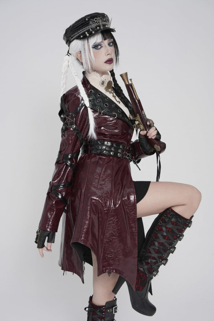 Crimson Lapel Lace-Up Irregular Eyelets Punk Coat