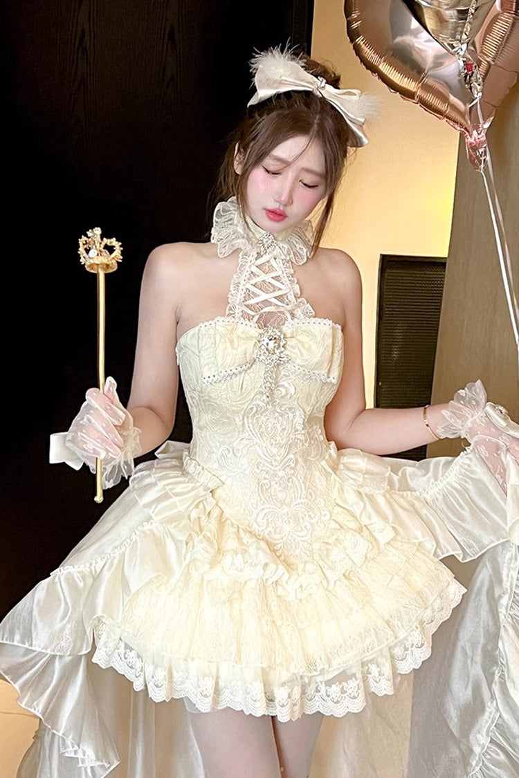 Ivory Halter Ruffled Bow Lace Princess Lolita Gown