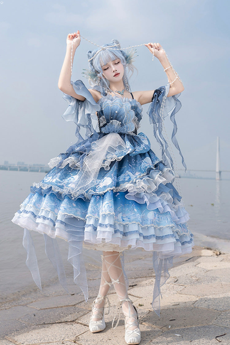 Blue Gradient Lace Embroidery Bowknot Asymmetric Elegant JSK Dress