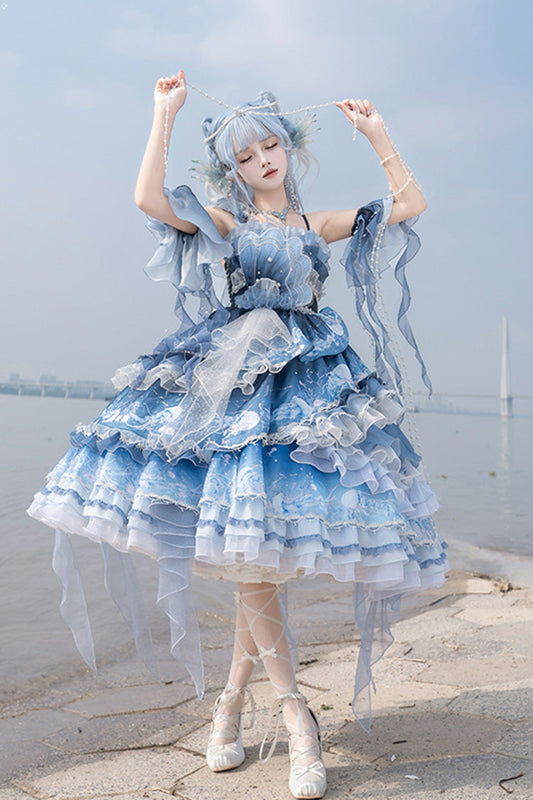 Blue Gradient Lace Embroidery Bowknot Asymmetric Elegant JSK Dress
