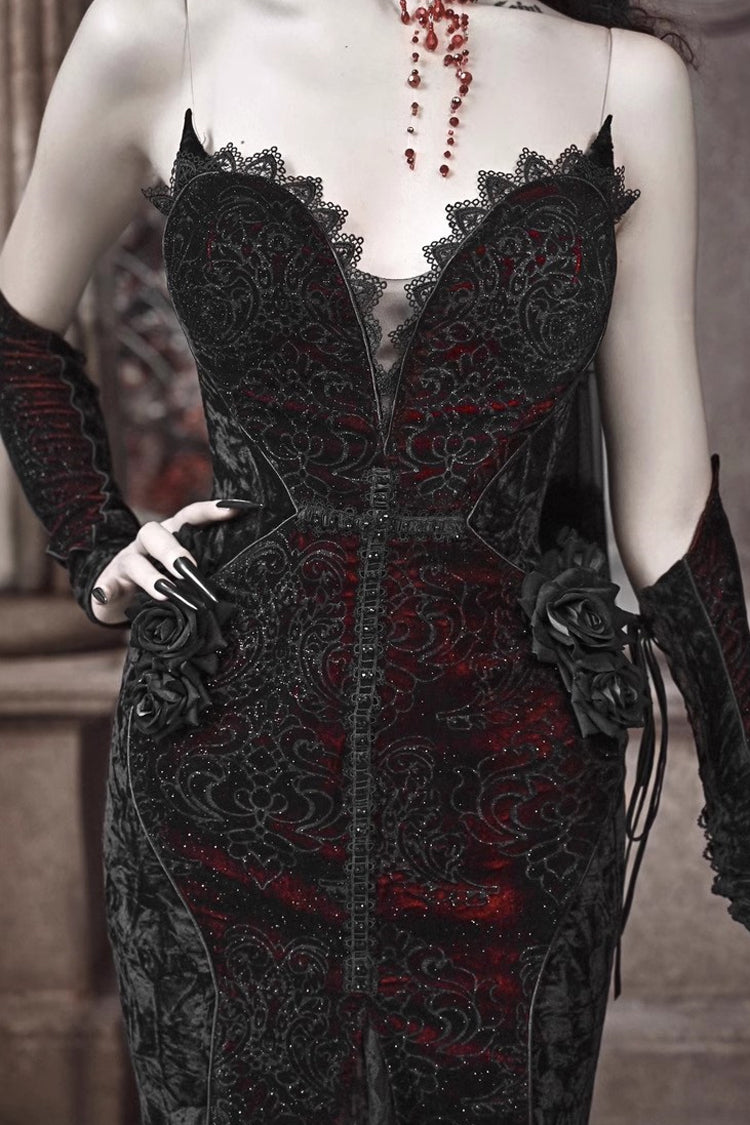 Black/Red High-Waisted Embroidered Lace Sleeveless Ruffle Gothic Fishtail Dress - Scarlet Blood Peak