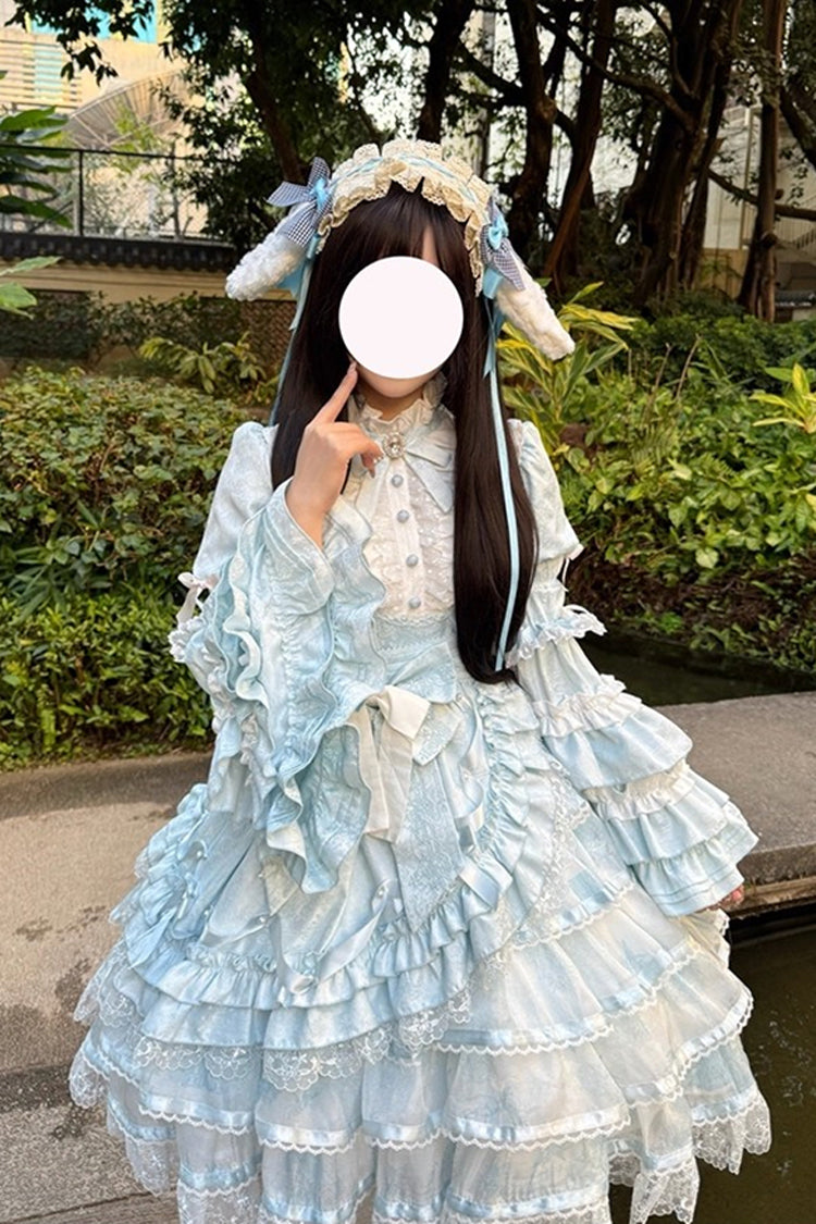 Blue Soloist Doll Long Hime Sleeve Multi-Layer Print Ruffle Bow Asymmetrical Sweet Lolita