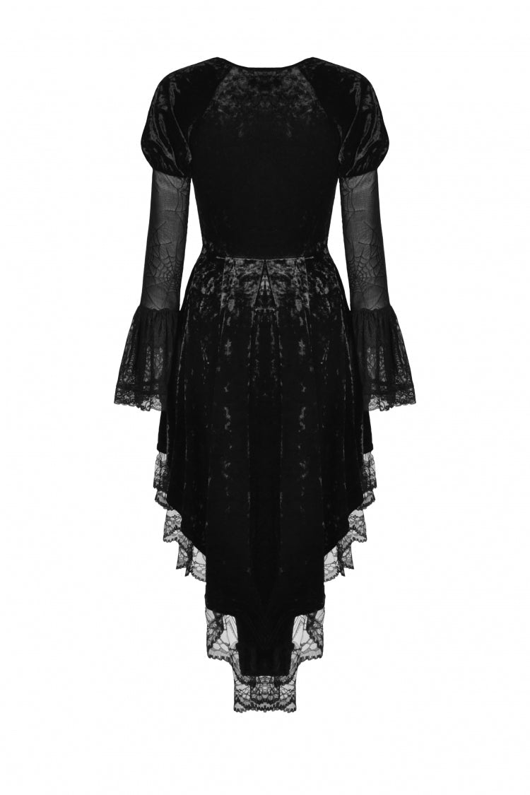 Onyx Velvet Gown with Puffed Sleeves and Asymmetric Lace Trim