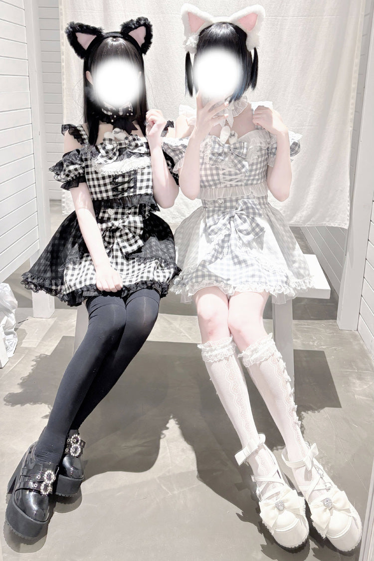 Jirai Kei Skirt Set with Plaid Print and Lace-Up Front - Night Rabbit Dream, Short Sleeves