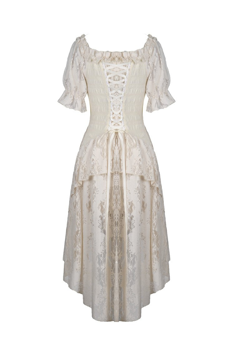 Beige Ruched Off-Shoulder Short Sleeve Steampunk Vintage Gown
