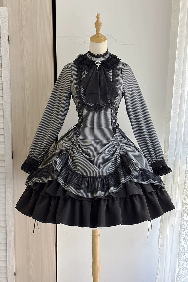 Point Manor Stand Collar Long Sleeves Multi-Layered Striped Printed Ruffled Lifted Hem Bow Gothic Lolita Dress - Black