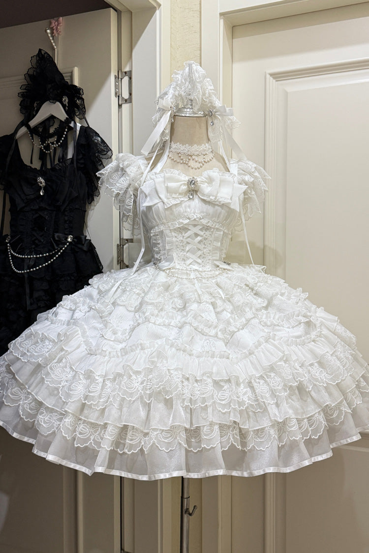 Ivory Sleeveless Multi Ruffle Bridal Bow Lace-Up JSK