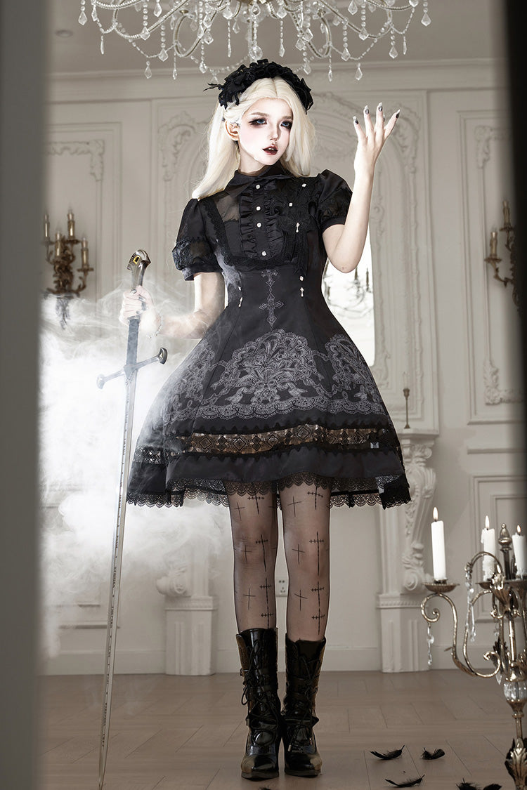 Black Classic Gothic Dress with Embroidered Lace