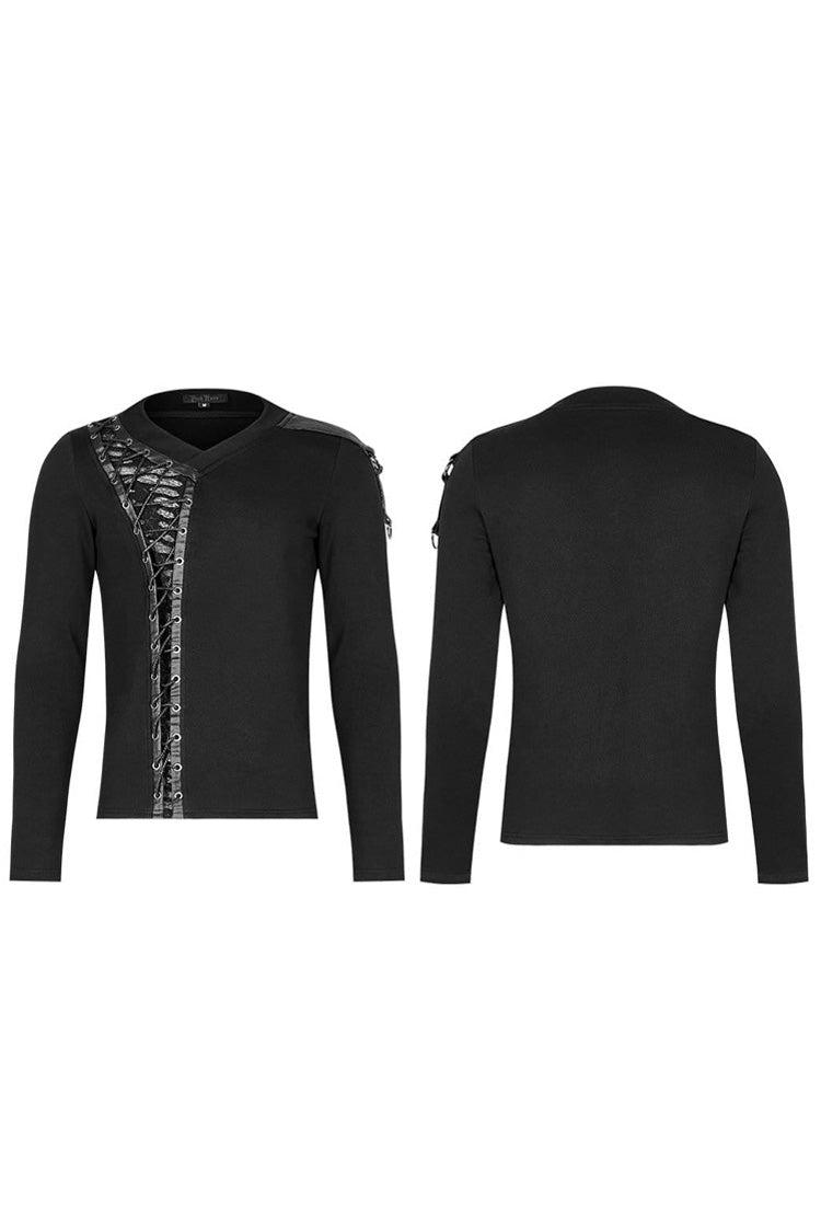 Jet-Black Knit Tee with Faux Leather Lacing and Split Front for Men