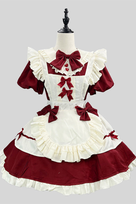 Wine/White Short Sleeve Ruffled Bow Lace Plus Size Maid Dress