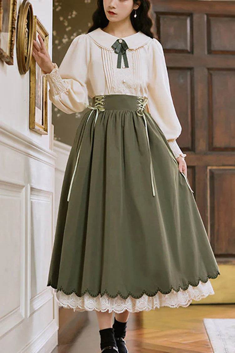 High-Waisted Lace Wave Hem Two-Piece Classic Lolita Dress