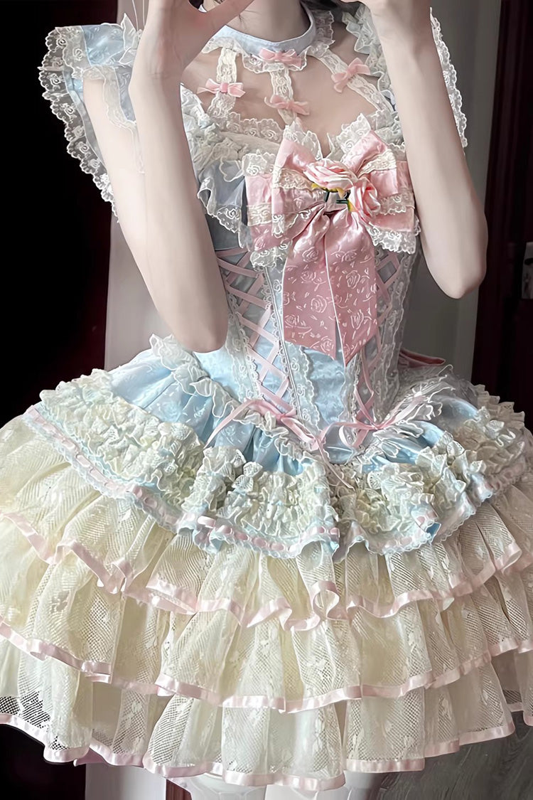 Sweet Ballet Lolita JSK Dress with Ruffled Bowknot and Rose Lace - Blue