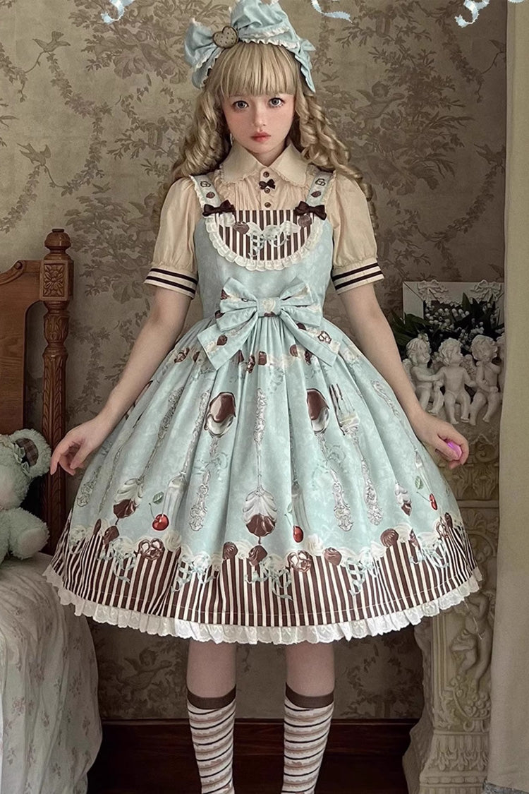 Sleeveless Print Bowknot Sweet Plus Size Lolita Jsk Blue Green