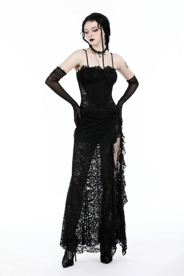 Sleeveless Side Slit Ruffled Lace Lace-Up Gothic Maxi Slip Wedding Dress