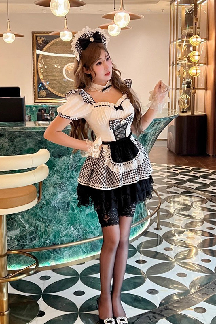 Black/White Square Collar Short Sleeve Print Ruffle Bow Maid Dress