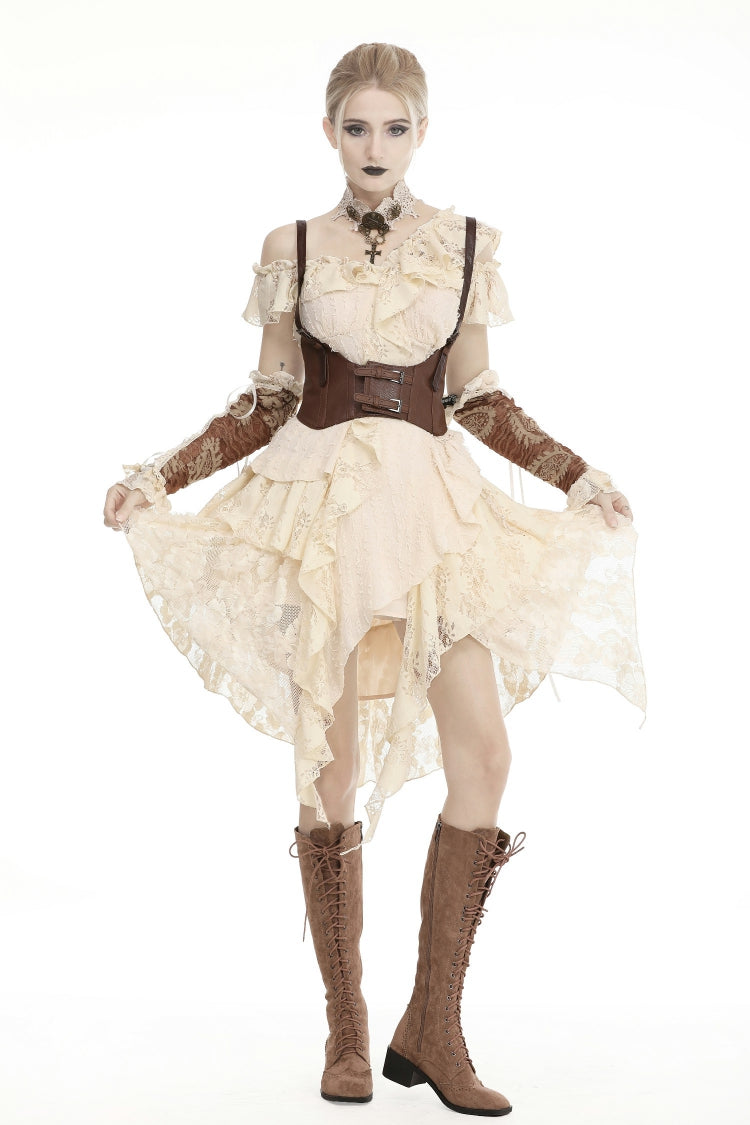 Beige Irregular Multi-Layer Ruffled Lace Steampunk Vintage Dress
