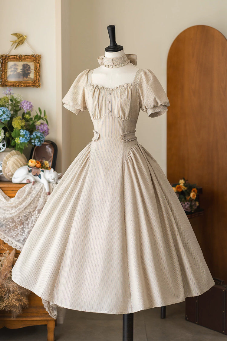 Khaki Square-Collar Ruffled Striped Vintage Dress