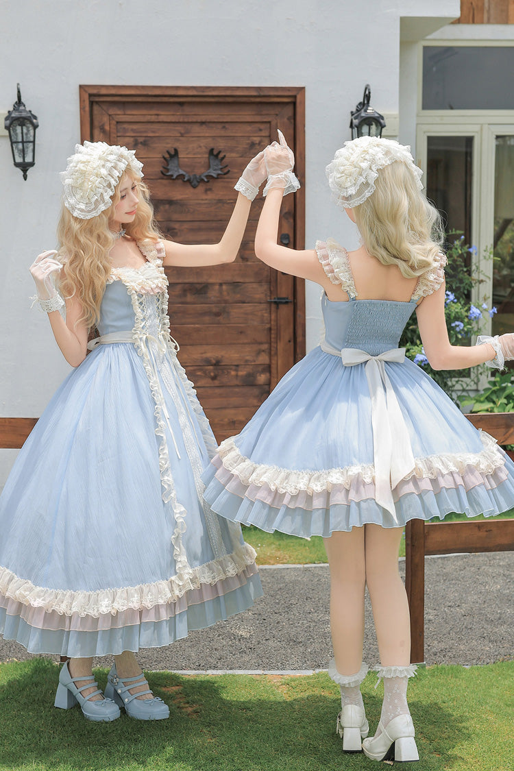 Island Diary Square Collar Flutter Sleeves Triple-Layered Ruffled Lace-Up Sweet Lolita Jsk Dress 2 Versions - Blue